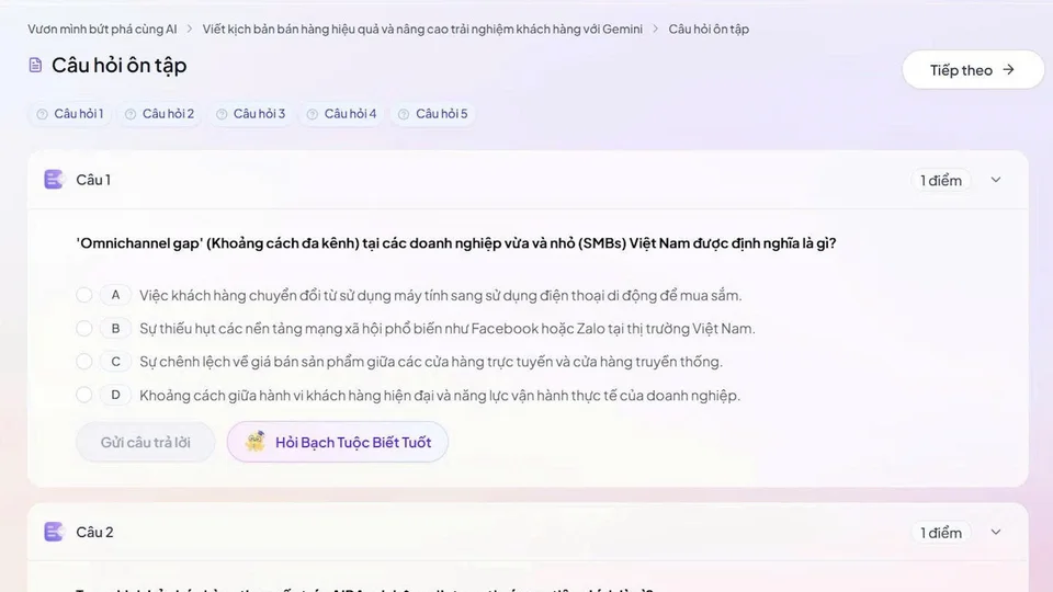 Câu hỏi ôn tập trắc nghiệm trên EduOne: câu 1 hỏi về khái niệm Omnichannel gap tại doanh nghiệp vừa và nhỏ, với 4 lựa chọn A đến D