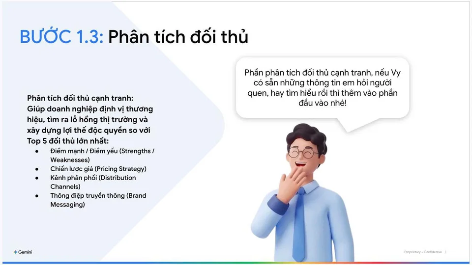 Slide bài học “Bước 1.3: Phân tích đối thủ”: phân tích điểm mạnh, điểm yếu, chiến lược giá, kênh phân phối và thông điệp truyền thông của 5 đối thủ lớn nhất